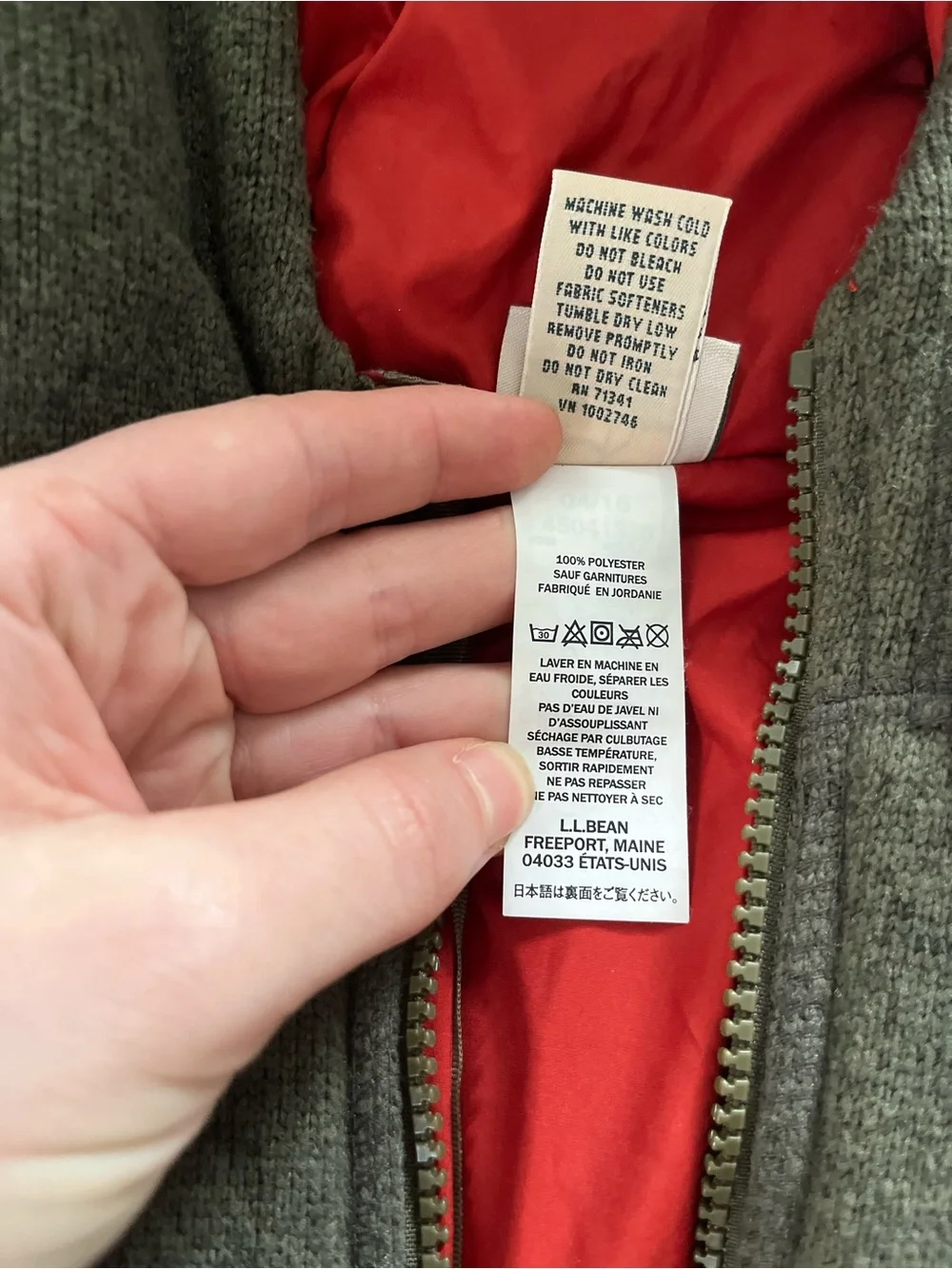 LL Bean Kids Hooded Fleece Jacket - Olive Green with Red Lining size XL / 18